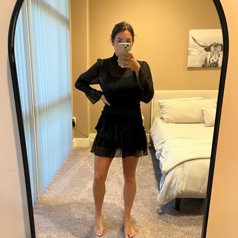 Black high neck sheer mock waist dress.